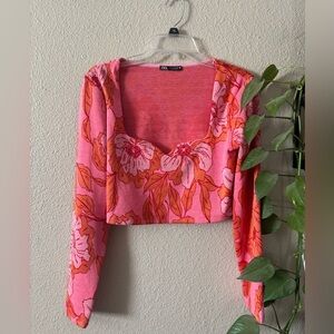 Zara Women Pink Sweetheart Top Jacquard Floral